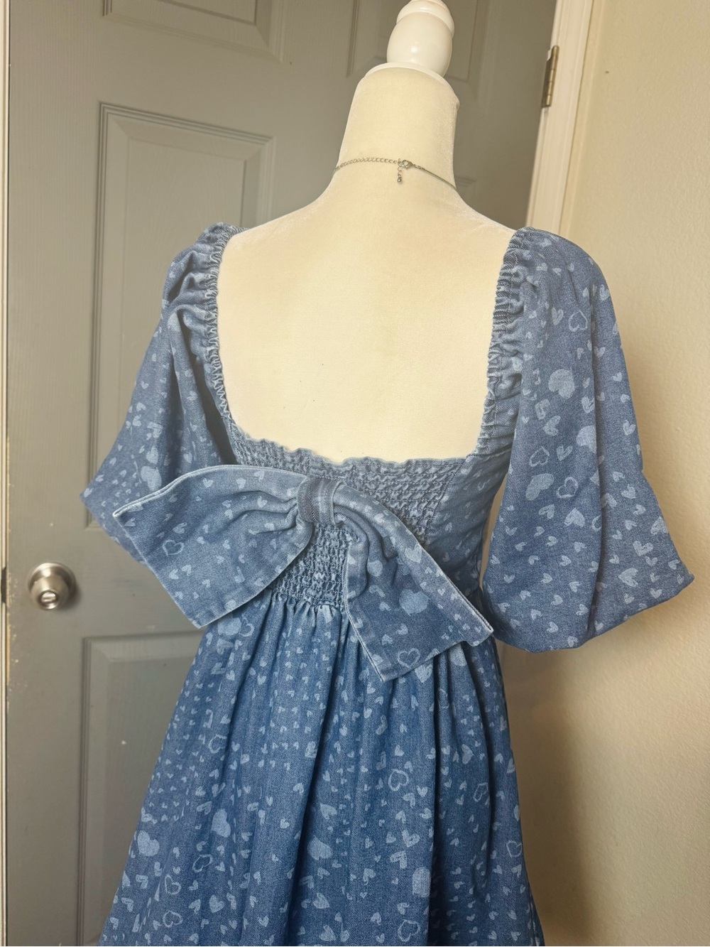 Avec Les Filles Anthropologie Denim BabyDoll Dress with Oversized Bow Detail - Picture 6 of 9